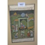 Pair of framed Indo/ Persian School paintings on paper, figure by a seated dignitary and warriors in