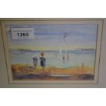 Small modern gilt framed watercolour, beach scene with children, pair of small modern watercolour