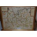 Antique hand coloured Morden map of Surrey, framed, 13ins x 15.25ins overall, together with a
