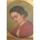 19th Century oil on canvas,oval mounted head and shoulder portrait of a lady in a red cloak, 15ins x