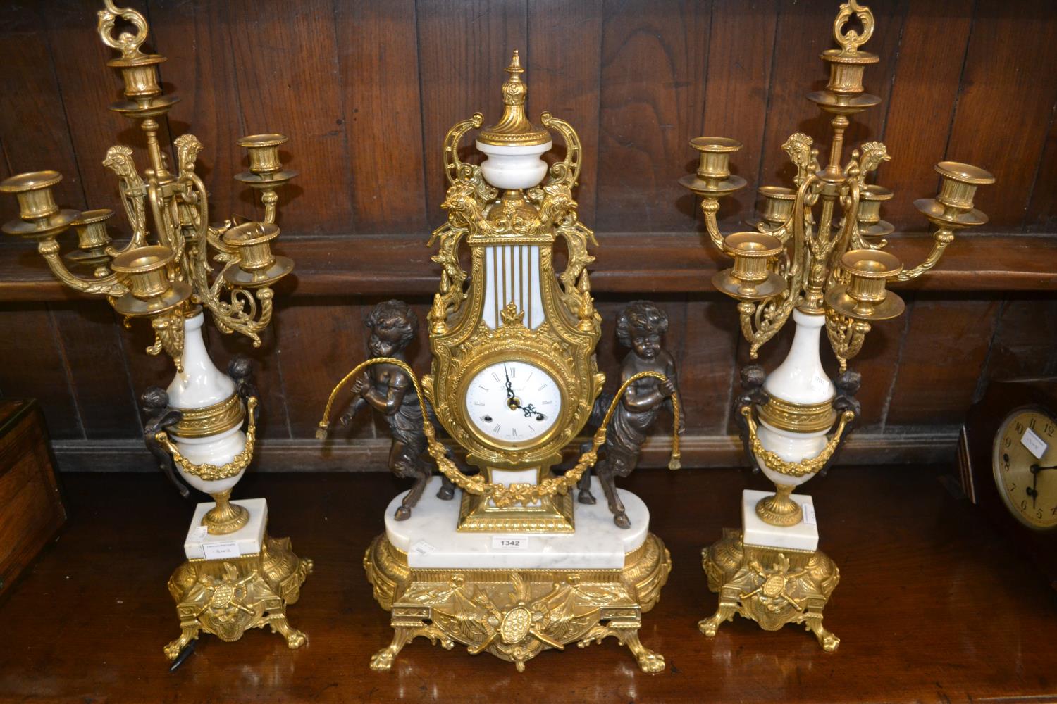 Large reproduction French style dark patinated gilt brass and marble clock garniture