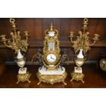 Large reproduction French style dark patinated gilt brass and marble clock garniture