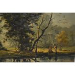 Gudrun Sibbons signed oil on board, fishermen in a sunlit river landscape, 12ins x 17ins