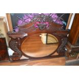 Edwardian mahogany overmantel mirror with carved surmount