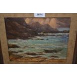 Oil on canvas laid on panel, rocky coastal landscape with boats, signed Hayman, 8ins x 9ins