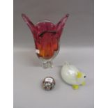 Murano glass millefiori paperweight, Murano type glass vase and a glass figure of a duck