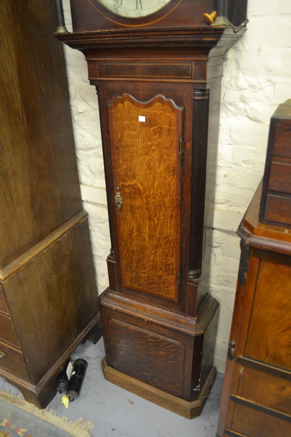 Unusual George III oak and mahogany crossbanded longcase clock, the swan neck pediment above an oval - Image 2 of 13