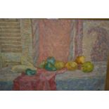 Oil on canvas laid on board, still life with fruit and drapery on table, bearing stamped monogram,