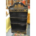Early 20th Century black chinoiserie lacquered waterfall open bookcase
