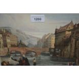 E.A. Goodall, ?????, Continental town river scene with stone bridge and figures on banks to the