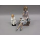 Royal Doulton figure, ' Bedtime ' together with a Nao figure of a lady seated on a desk