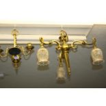 Good quality gilt brass three branch hanging chandelier with clear cut glass shades, a smaller three