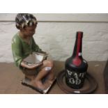 Plaster figure of a kneeling girl (at fault), large Vat 69 bottle, a composite chess set and a