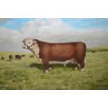R. Barrington signed oil on canvas, portrait of a prize bull, 11.5ins x 17.5ins