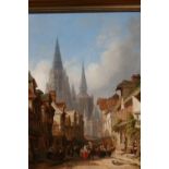 Caleb Robert Stanley, oil on canvas, street scene in Rouen with numerous traders and a cathedral