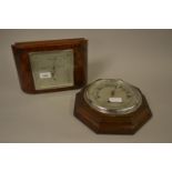 Art Deco walnut aneroid barometer by Smiths, together with another oak octagonal aneroid barometer
