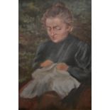 19th Century oil on canvas, portrait of a seated lady sewing, indistinctly signed verso, 12ins x 9.