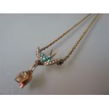 Victorian 9ct gold turquoise and seed pearl inset swallow pendant necklace