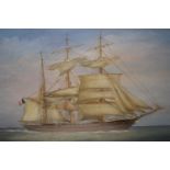 J. West, oil on card, study of a French sailing ship in calm waters, in an ebonised gilt frame,