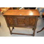 Good quality reproduction oak and marquetry inlaid side cabinet on moulded stile supports