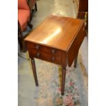 Small 19th Century mahogany rectangular drop-leaf Pembroke type work table on bobbin turned supports