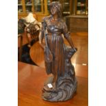 19th Century dark patinated bronzed figure of a woman playing a lute on a naturalistic base, 21ins