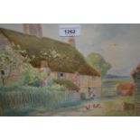 19th Century gilt framed watercolour, figure and chickens before a thatched cottage together with