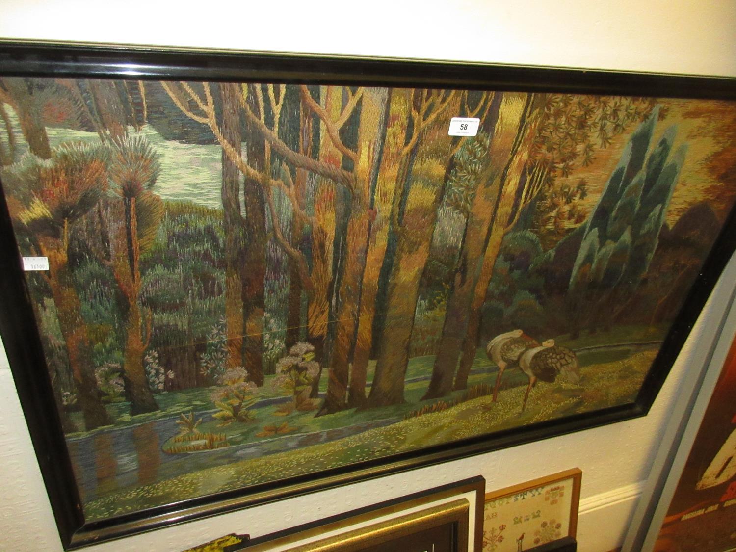 Large 20th Century woolwork picture, wading birds in a landscape