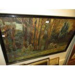 Large 20th Century woolwork picture, wading birds in a landscape