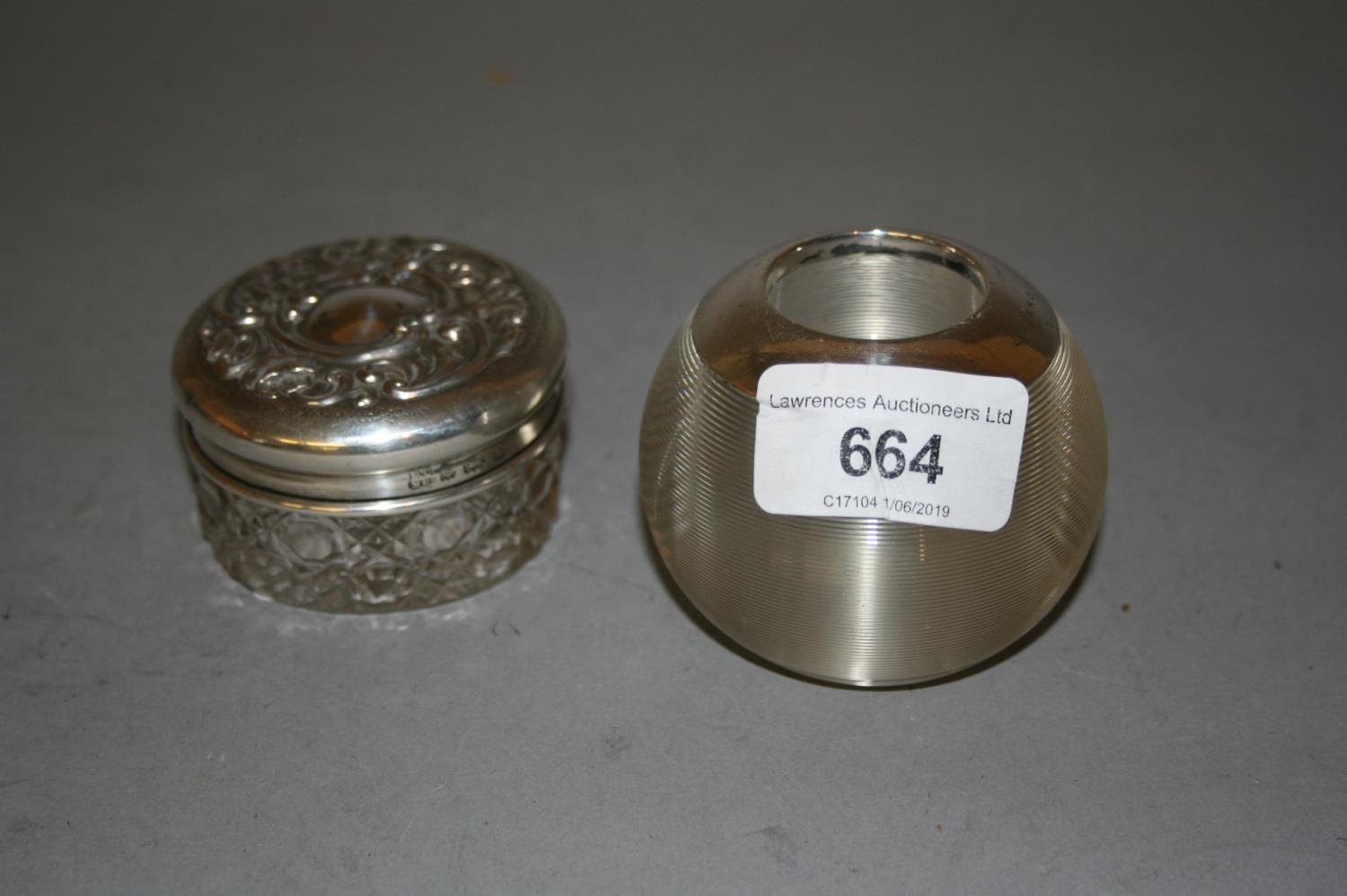 Silver mounted glass matchstriker, together with a silver mounted glass dressing table jar