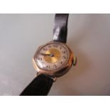 Ladies 9ct gold cased wristwatch having silvered chapter ring, Arabic numerals and later leather