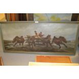 20th Century Russian School oil on canvas, figures driving a four horse drawn cart, 16ins x 39ins