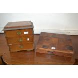 Japanese parquetry inlaid writing slope together with an oak three drawer table cabinet (both for