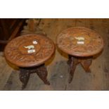 Pair of Indian carved hardwood miniature occasional tables together with a rectangular oak stool