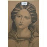19th Century pencil study of a young Continental lady, indistinctly signed, dated 1865, in an oak