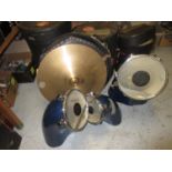 Group of three Pat Townshend Staccato fibreglass drums, with travel cases