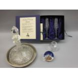 Cut glass ship's decanter and vase by Edinburgh Crystal, set of two glasses in presentation box, a
