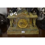 Late Victorian green onyx clock garniture with gilt metal mounts, the gilded dial with Roman