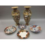 Pair of Kyoto baluster form handled vases, 15ins high, together with two Imari plates