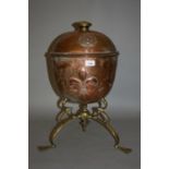 Art Nouveau brass and copper coal container of Arts and Crafts design decorated with a Tudor rose