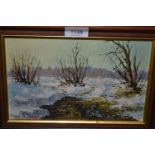 Russian oil on canvas board, snowy Winter landscape, inscribed and dated verso 1981, 6ins x 9ins