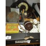 Box containing a quantity of Bakelite and ceramic 1930's fittings, Bakelite Ferranti mantel clock