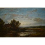 Abraham Hulk Junior signed oil on canvas, river landscape at sunset with figures by a cottage,