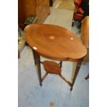 Edwardian mahogany shaped oval inlaid occasional table on square tapering and spade supports
