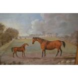 Antique English Naive School oil on metal panel, portrait of two horses, maplewood framed, 14ins x