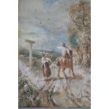 J. Knox signed watercolour and body colour, figure and horseman on a country road, 14ins x 10ins,