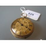 19th Century English 18ct gold cased keywind open face fob watch, the gilded dial with Roman