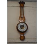 Edwardian mahogany chequer and shell inlaid aneroid barometer thermometer