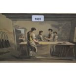 Pair of antique framed hunting prints, two further antique hand coloured prints and an engraving,