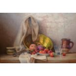 Robert Chailloux, oil on canvas, still life study of fruit, a brass saucepan and other items on a